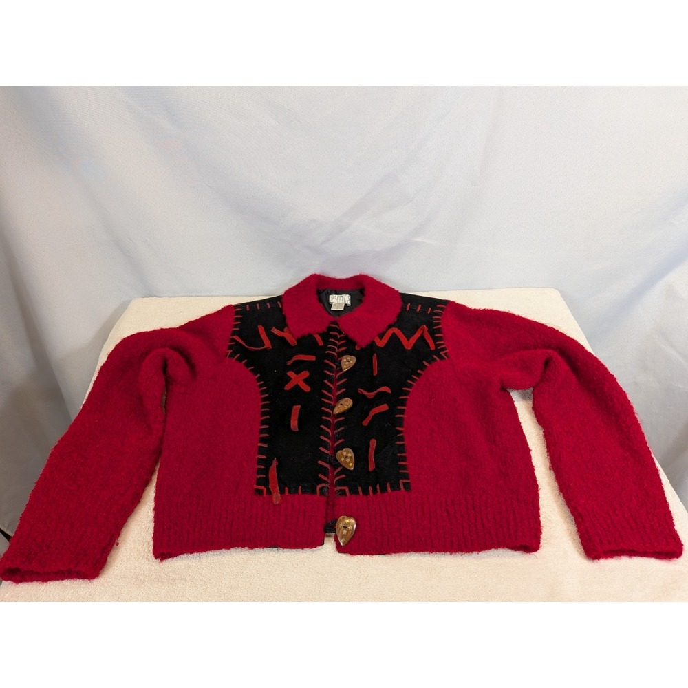 Vintage Minnie's Closet Cardigan Large Red Black Leather Suede Heart Buttons 90s